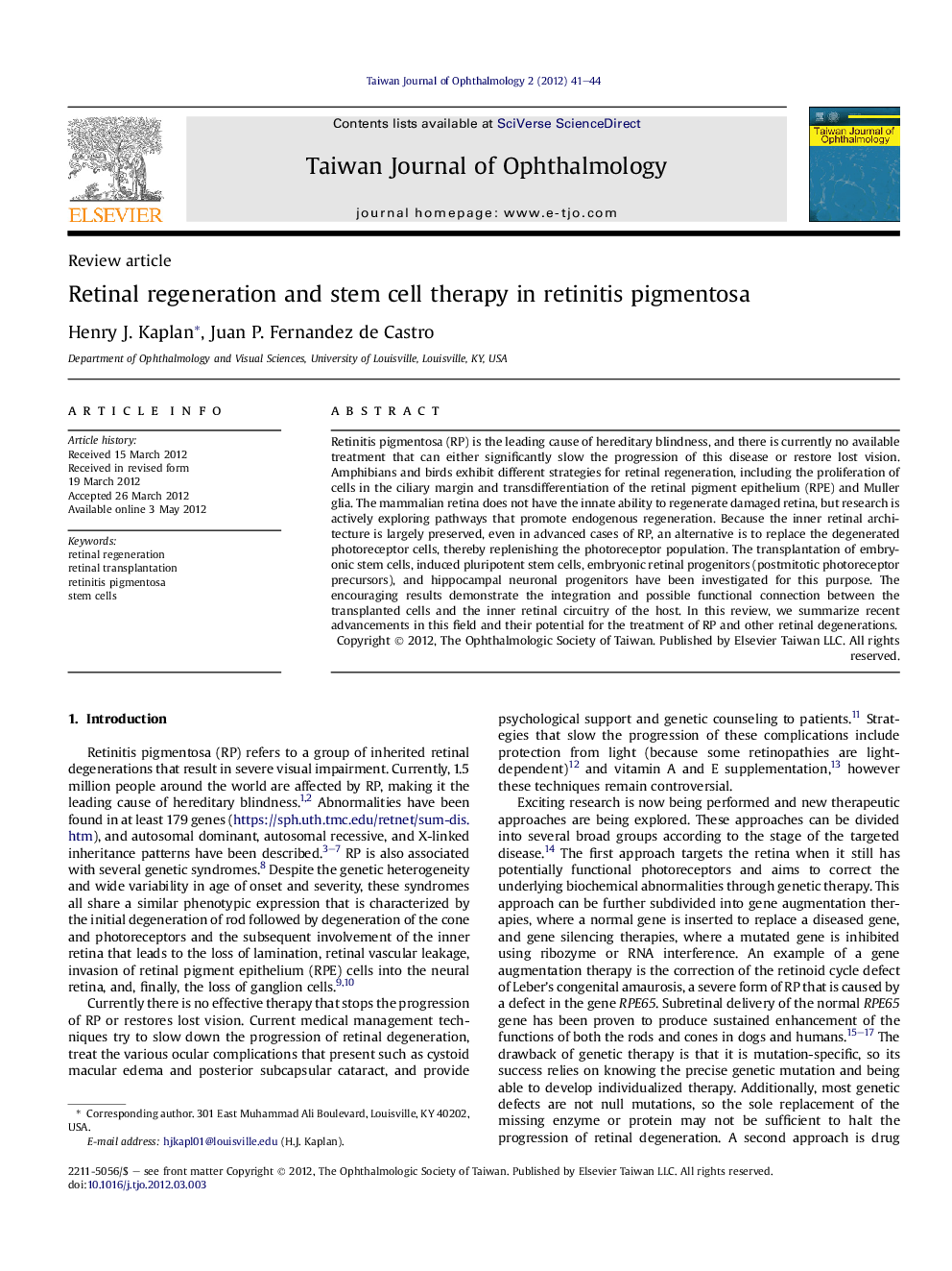 Retinal regeneration and stem cell therapy in retinitis pigmentosa