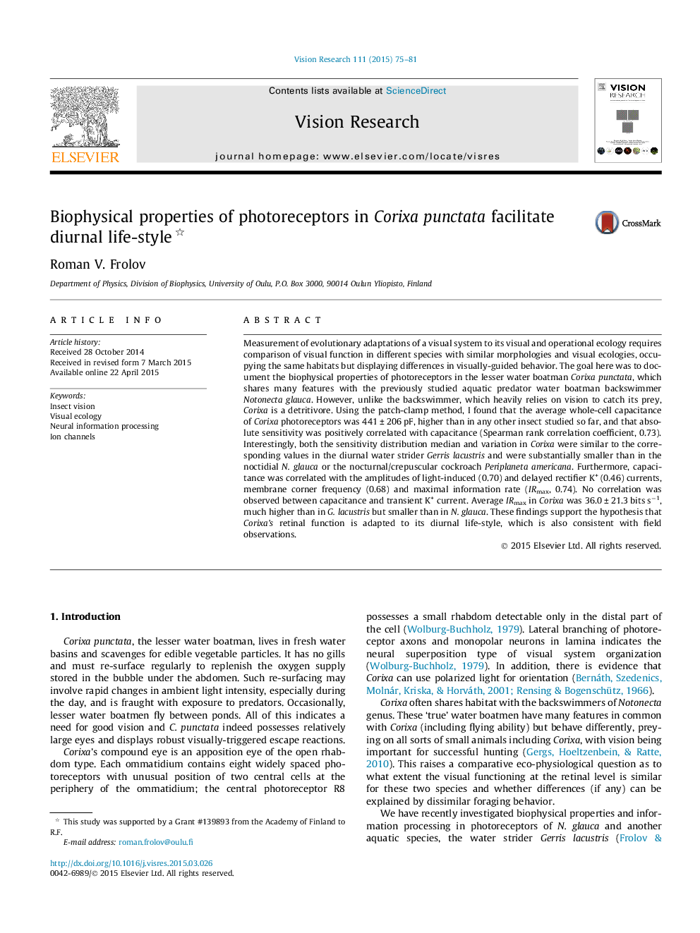 Biophysical properties of photoreceptors in Corixa punctata facilitate diurnal life-style