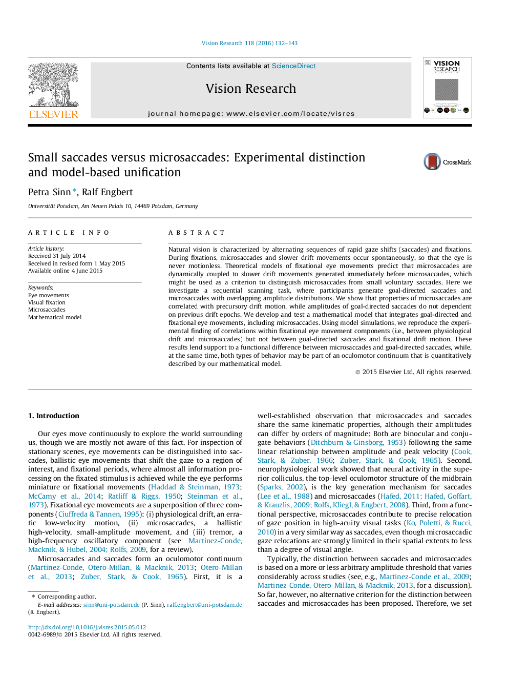 Small saccades versus microsaccades: Experimental distinction and model-based unification