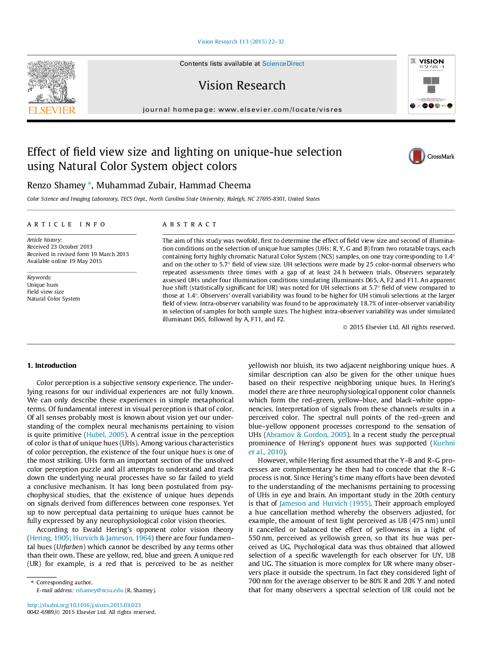 Effect of field view size and lighting on unique-hue selection using Natural Color System object colors