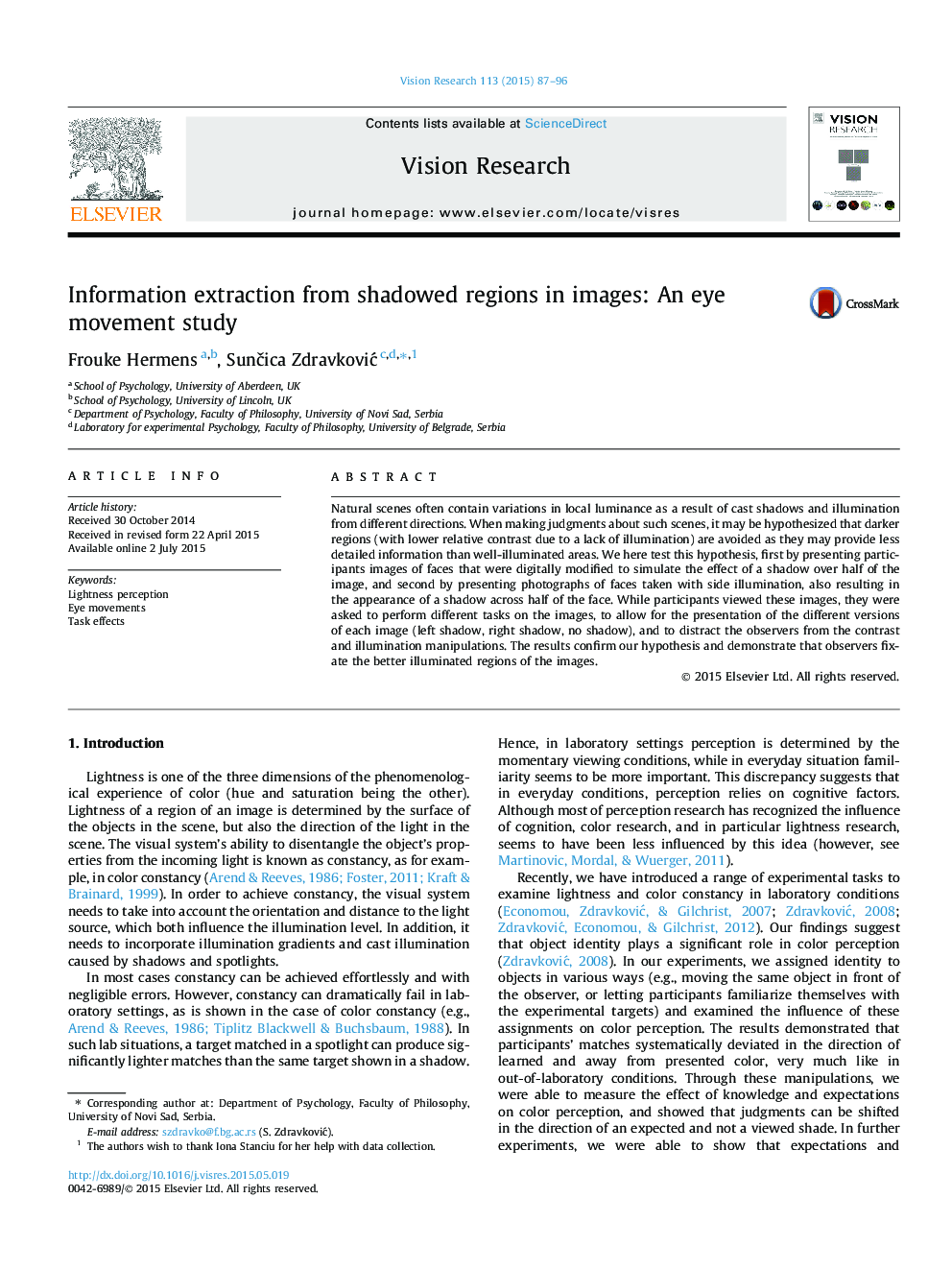 Information extraction from shadowed regions in images: An eye movement study