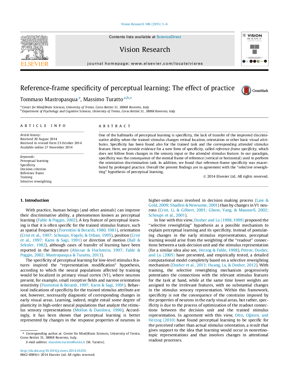 Reference-frame specificity of perceptual learning: The effect of practice