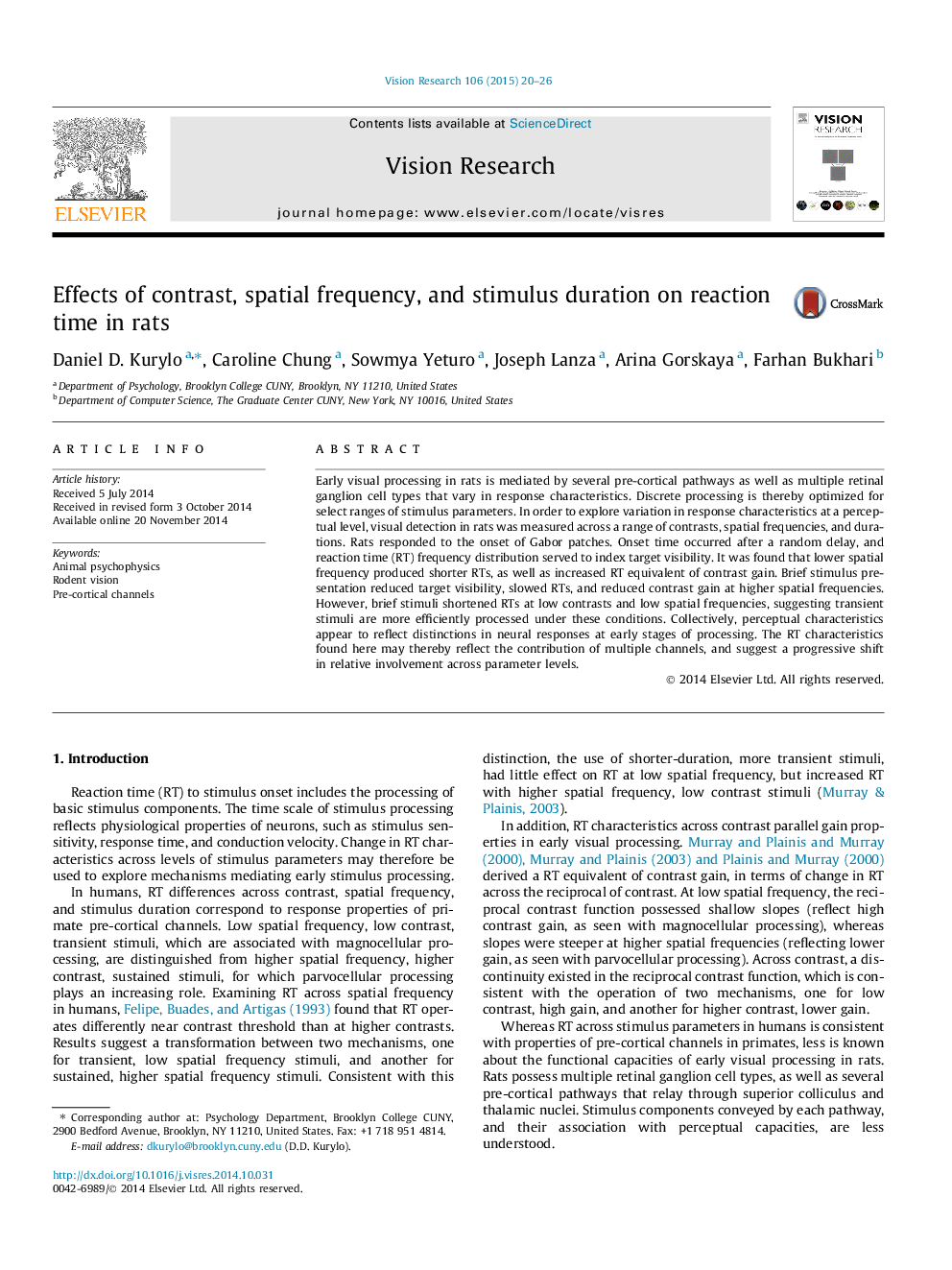 Effects of contrast, spatial frequency, and stimulus duration on reaction time in rats