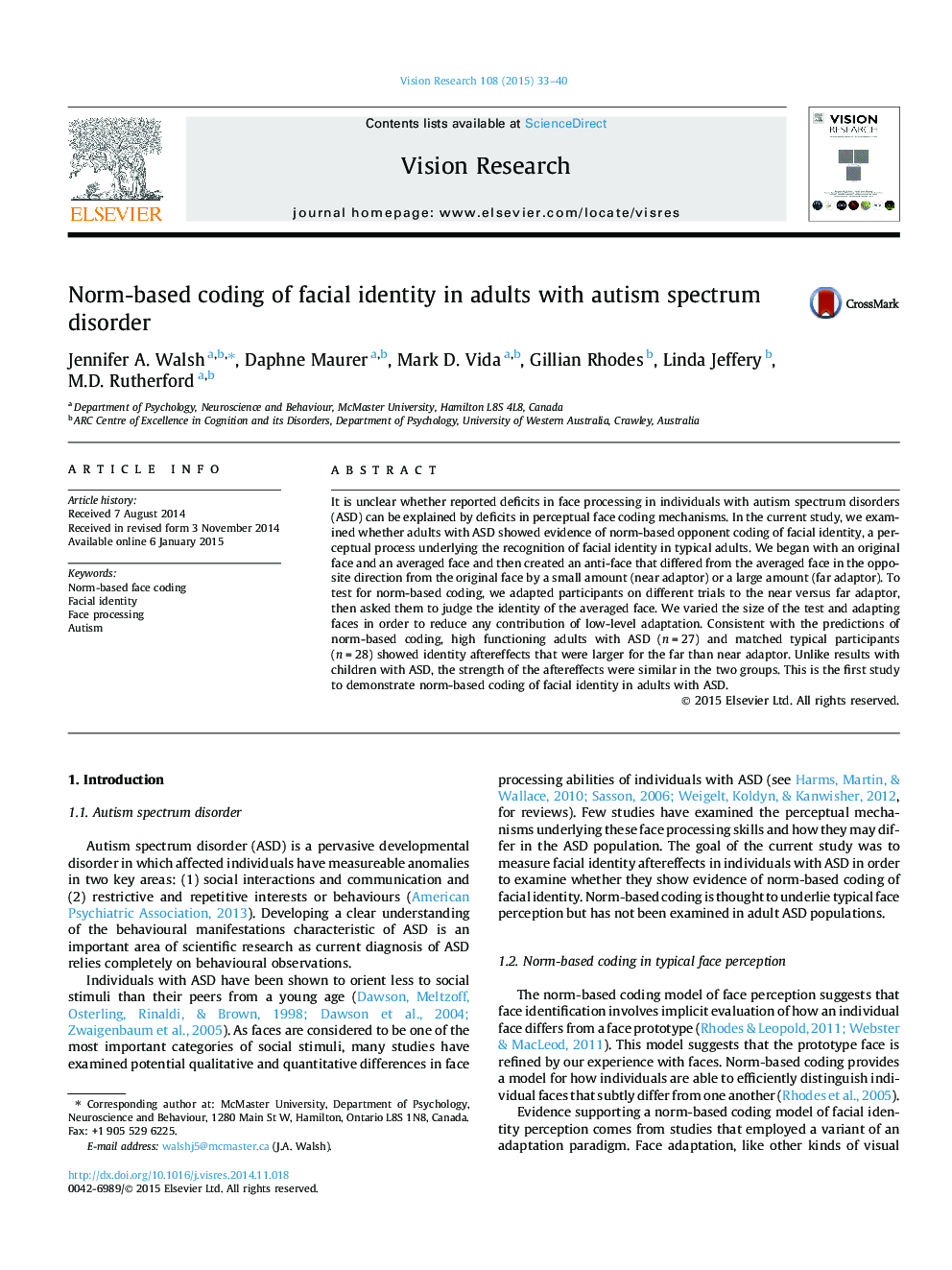 Norm-based coding of facial identity in adults with autism spectrum disorder