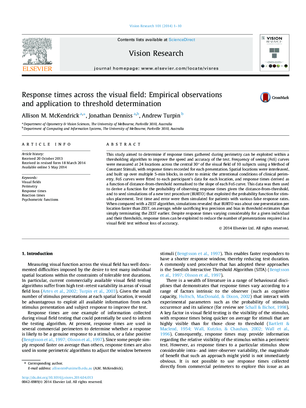 Response times across the visual field: Empirical observations and application to threshold determination