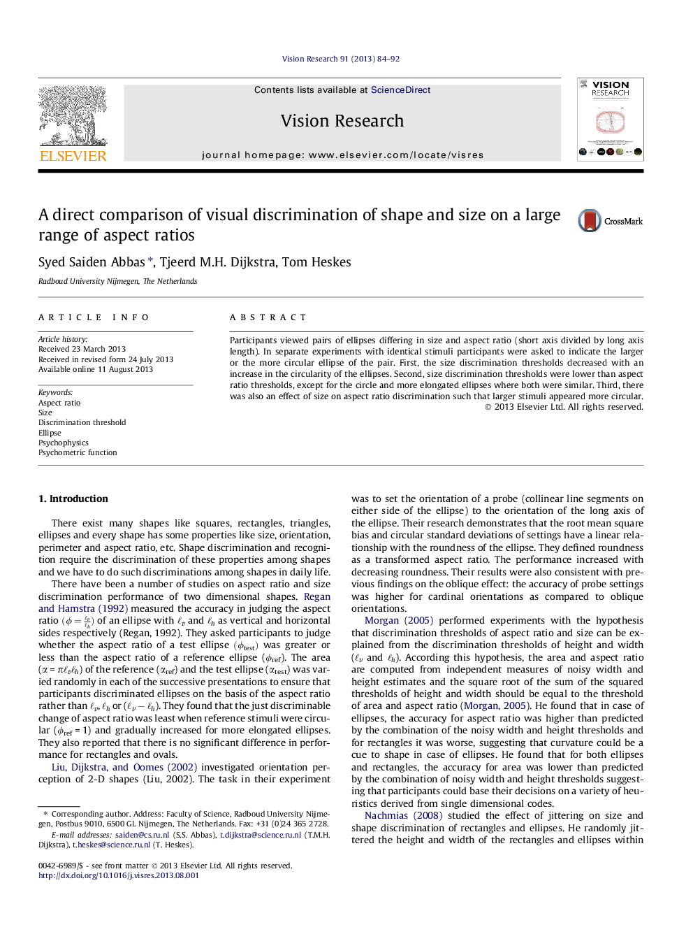 A direct comparison of visual discrimination of shape and size on a large range of aspect ratios