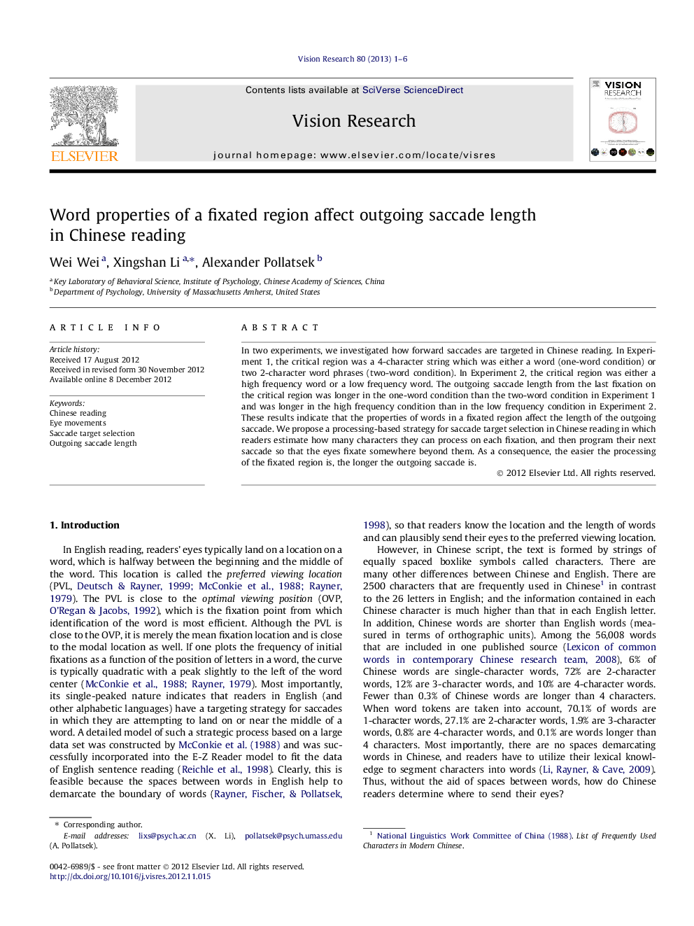 Word properties of a fixated region affect outgoing saccade length in Chinese reading