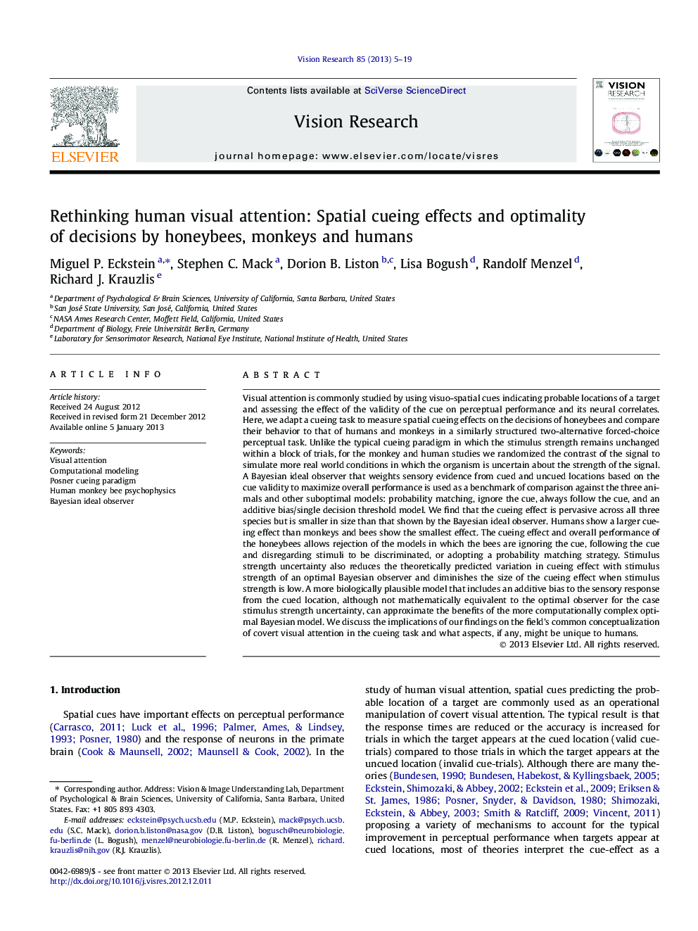 Rethinking human visual attention: Spatial cueing effects and optimality of decisions by honeybees, monkeys and humans