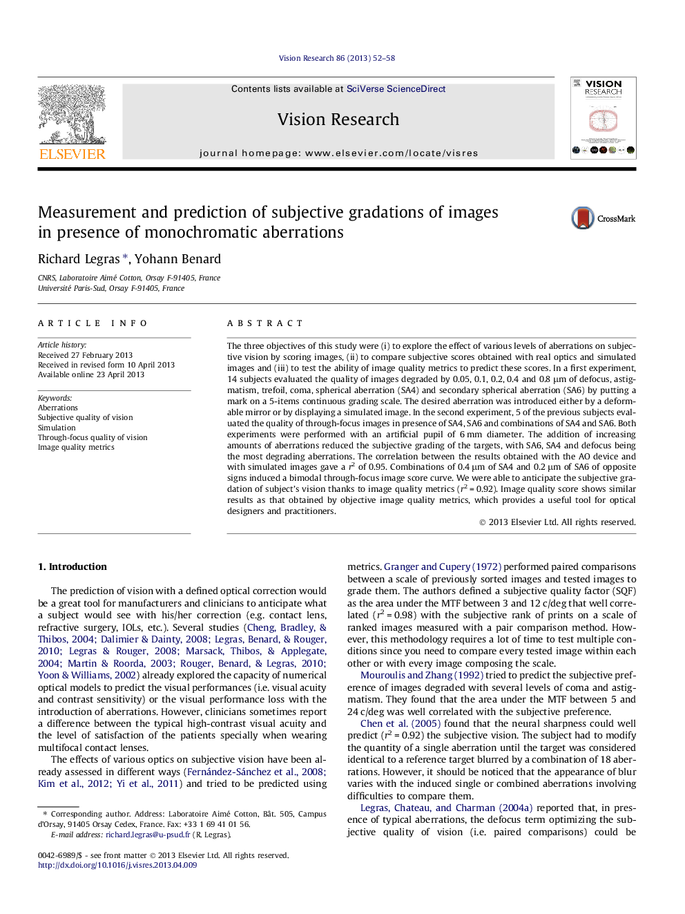 Measurement and prediction of subjective gradations of images in presence of monochromatic aberrations