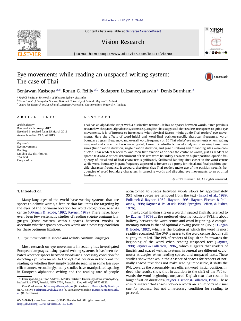 Eye movements while reading an unspaced writing system: The case of Thai