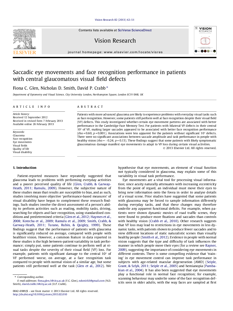 Saccadic eye movements and face recognition performance in patients with central glaucomatous visual field defects