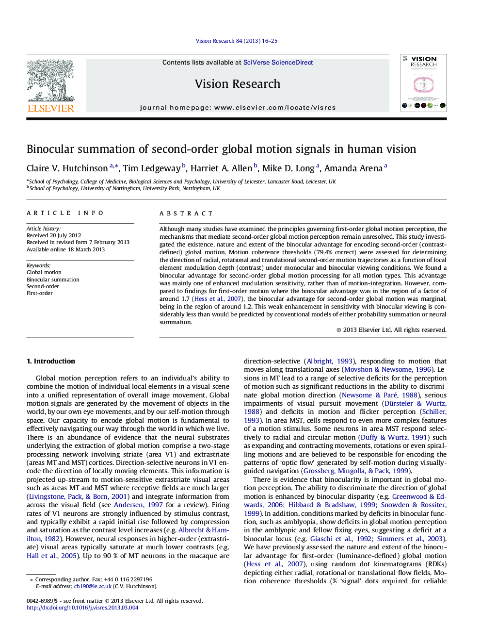 Binocular summation of second-order global motion signals in human vision