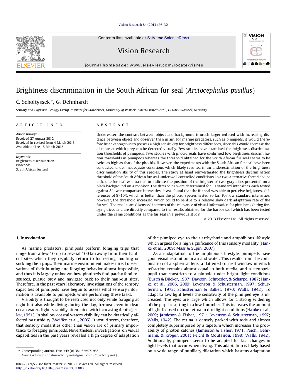 Brightness discrimination in the South African fur seal (Arctocephalus pusillus)