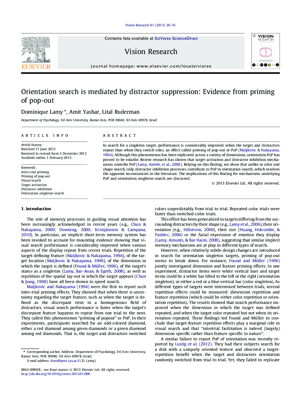 Orientation search is mediated by distractor suppression: Evidence from priming of pop-out