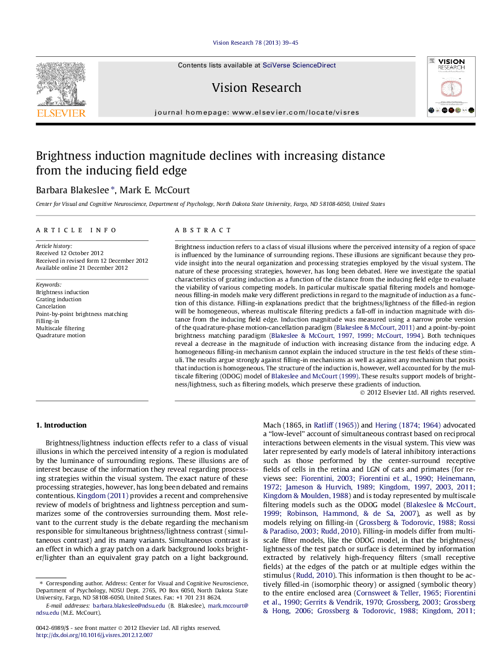 Brightness induction magnitude declines with increasing distance from the inducing field edge