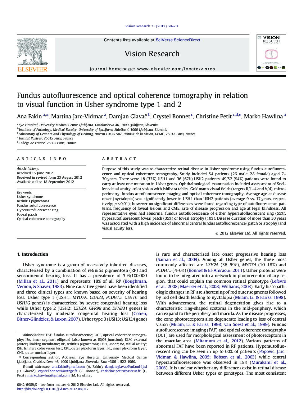 Fundus autofluorescence and optical coherence tomography in relation to visual function in Usher syndrome type 1 and 2