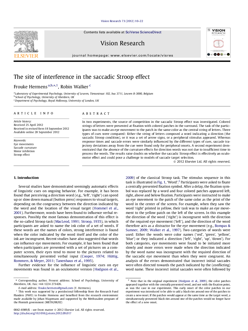 The site of interference in the saccadic Stroop effect