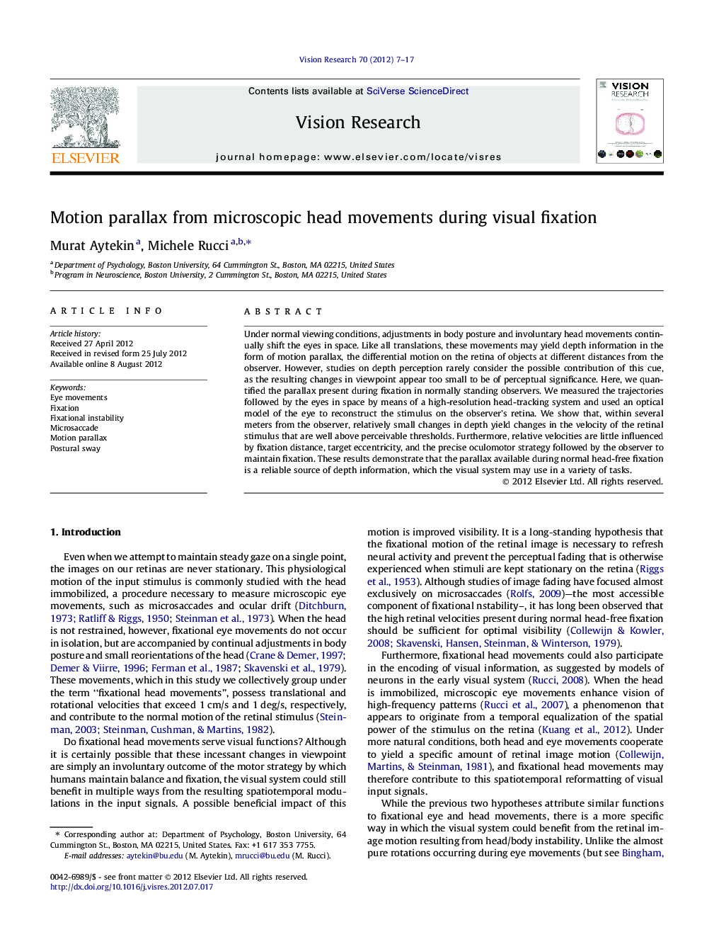 Motion parallax from microscopic head movements during visual fixation