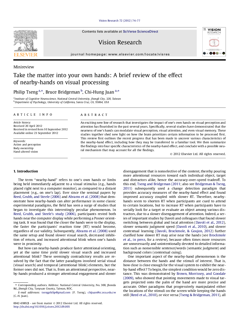 Take the matter into your own hands: A brief review of the effect of nearby-hands on visual processing