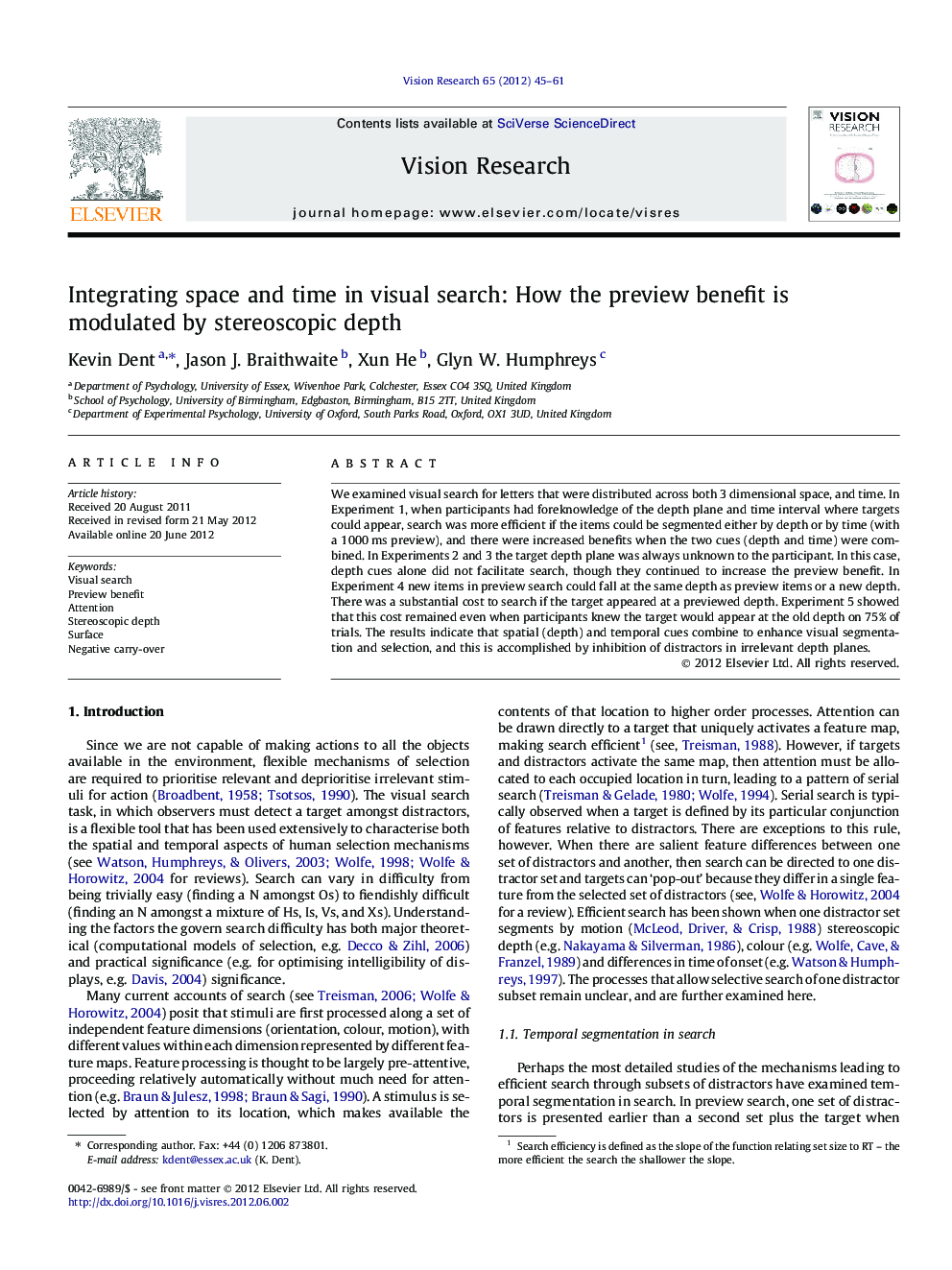 Integrating space and time in visual search: How the preview benefit is modulated by stereoscopic depth