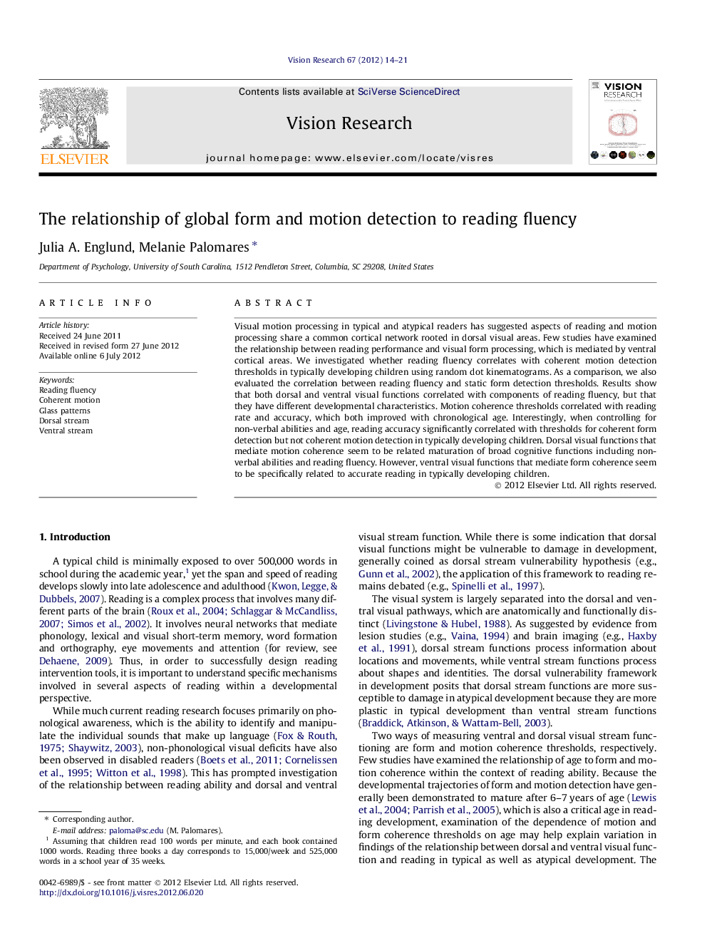 The relationship of global form and motion detection to reading fluency