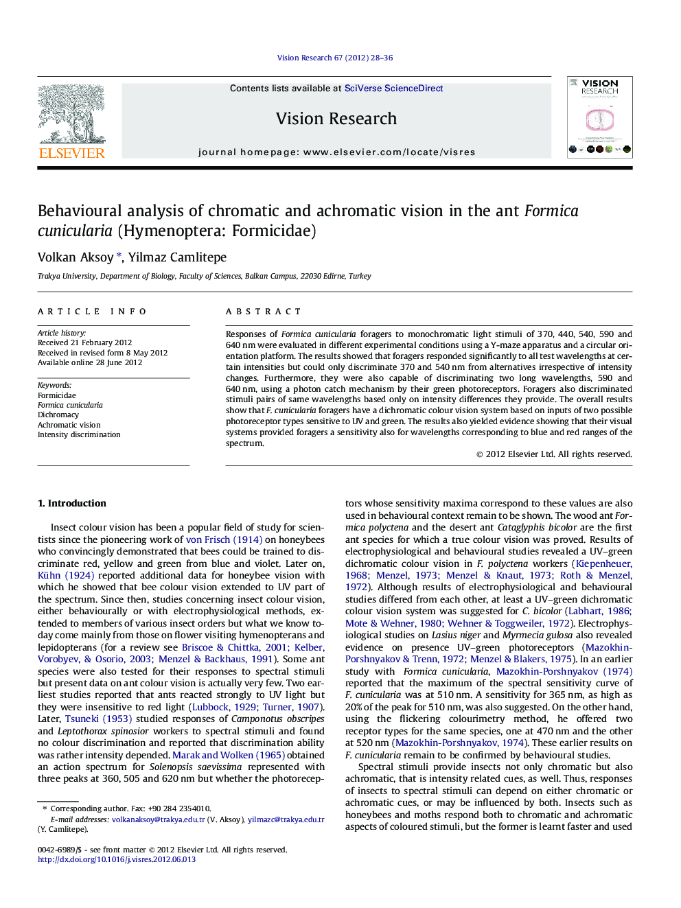 Behavioural analysis of chromatic and achromatic vision in the ant Formica cunicularia (Hymenoptera: Formicidae)