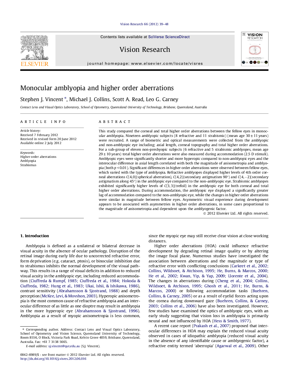 Monocular amblyopia and higher order aberrations