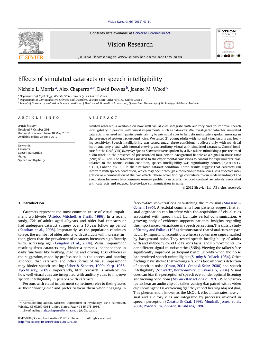 Effects of simulated cataracts on speech intelligibility