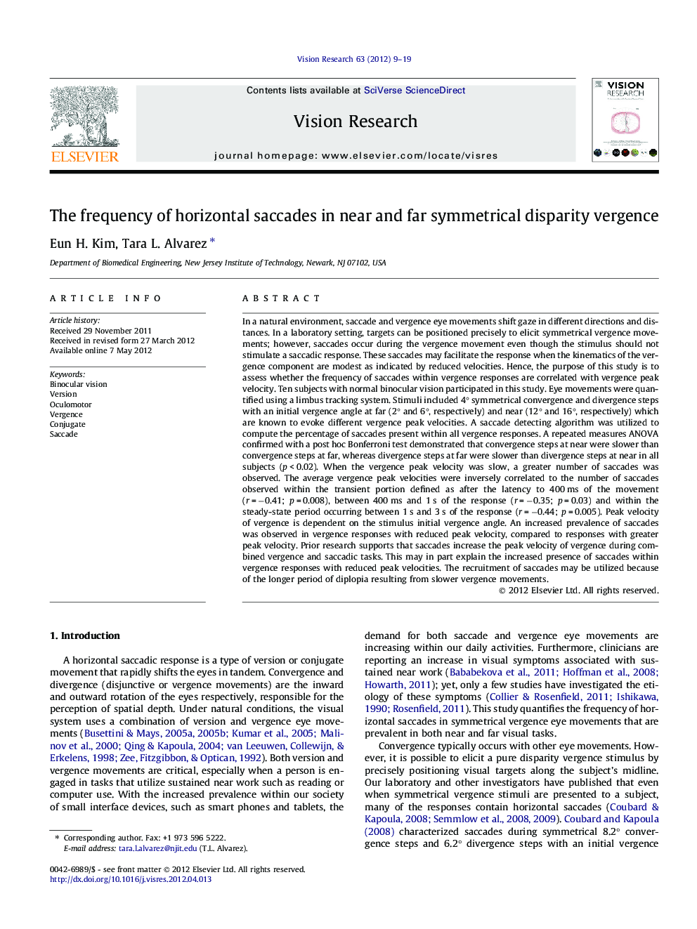 The frequency of horizontal saccades in near and far symmetrical disparity vergence