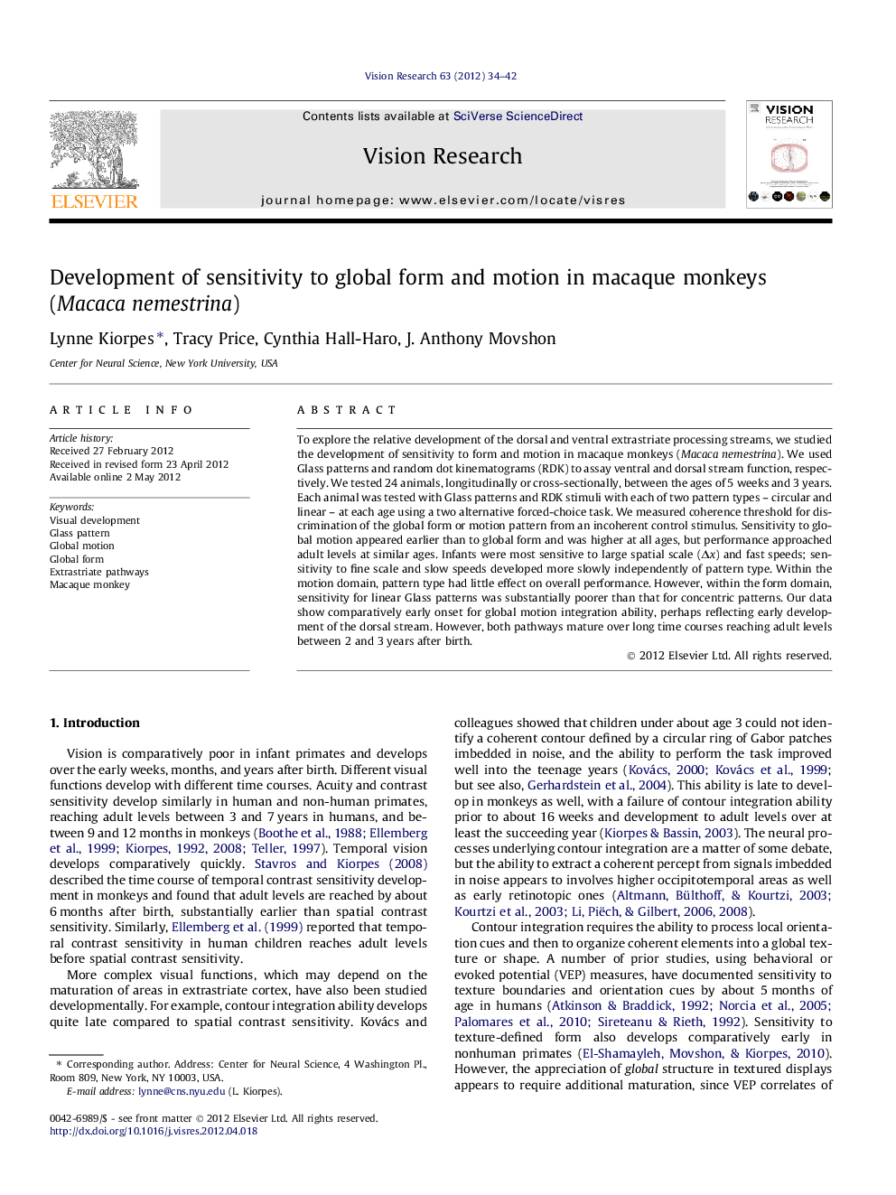 Development of sensitivity to global form and motion in macaque monkeys (Macaca nemestrina)