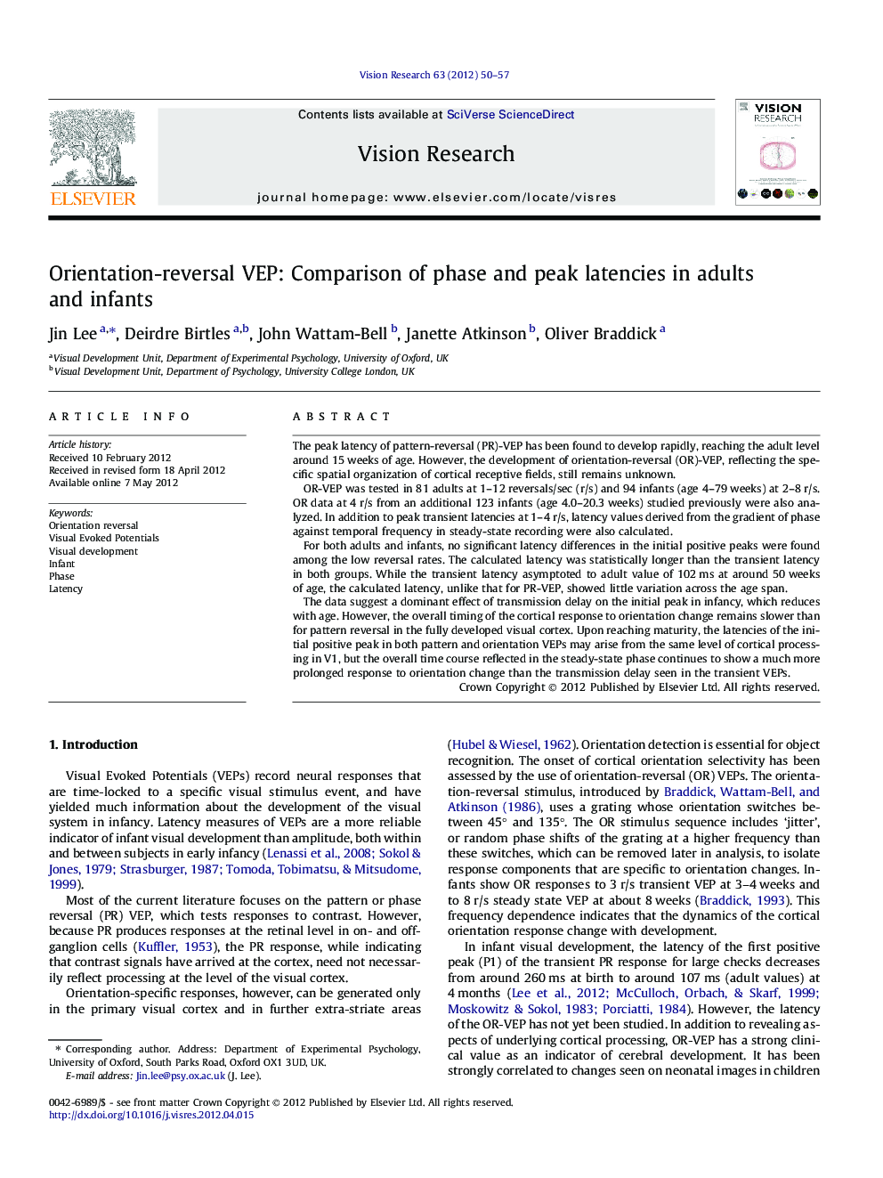 Orientation-reversal VEP: Comparison of phase and peak latencies in adults and infants