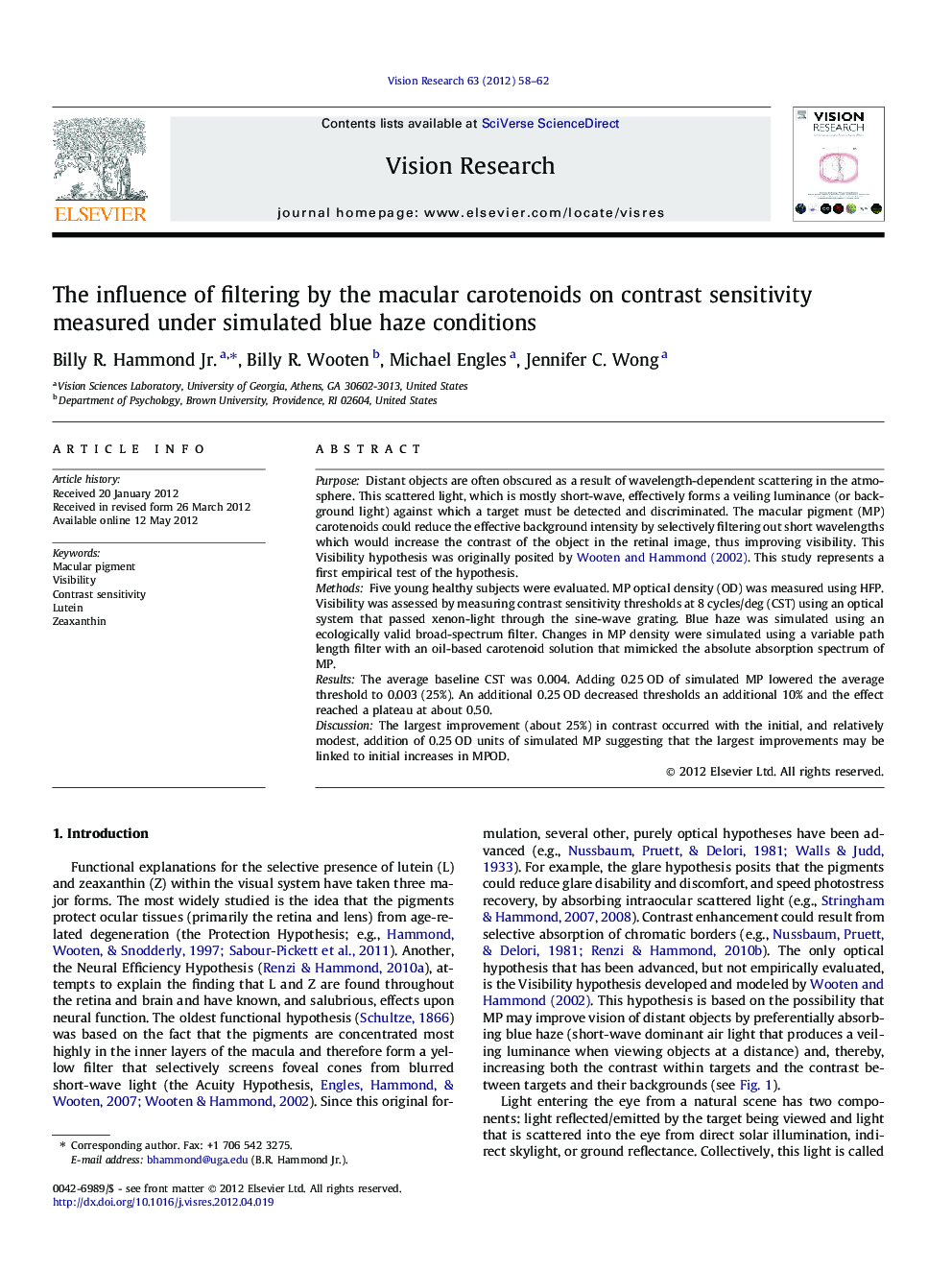 The influence of filtering by the macular carotenoids on contrast sensitivity measured under simulated blue haze conditions