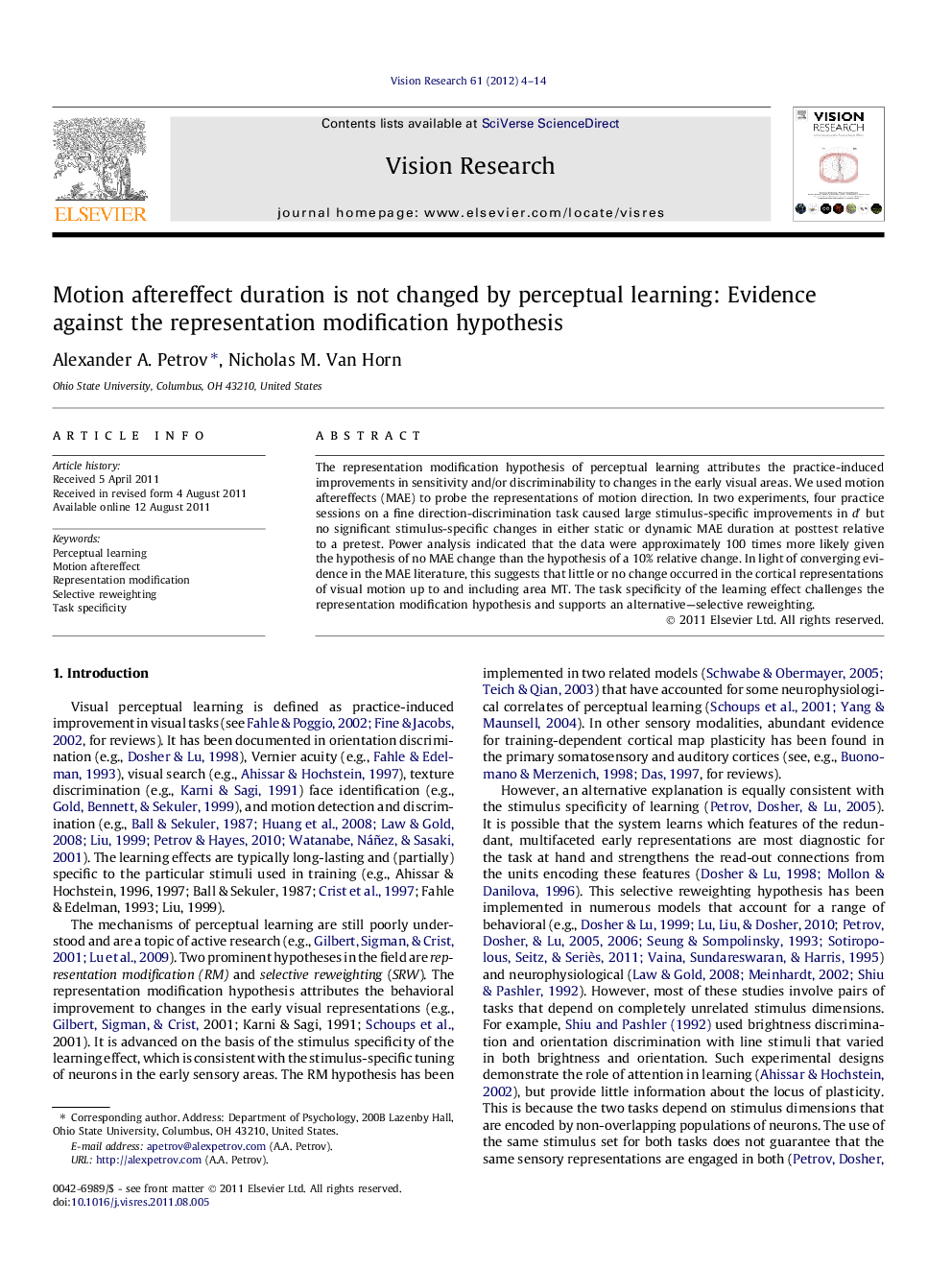 Motion aftereffect duration is not changed by perceptual learning: Evidence against the representation modification hypothesis