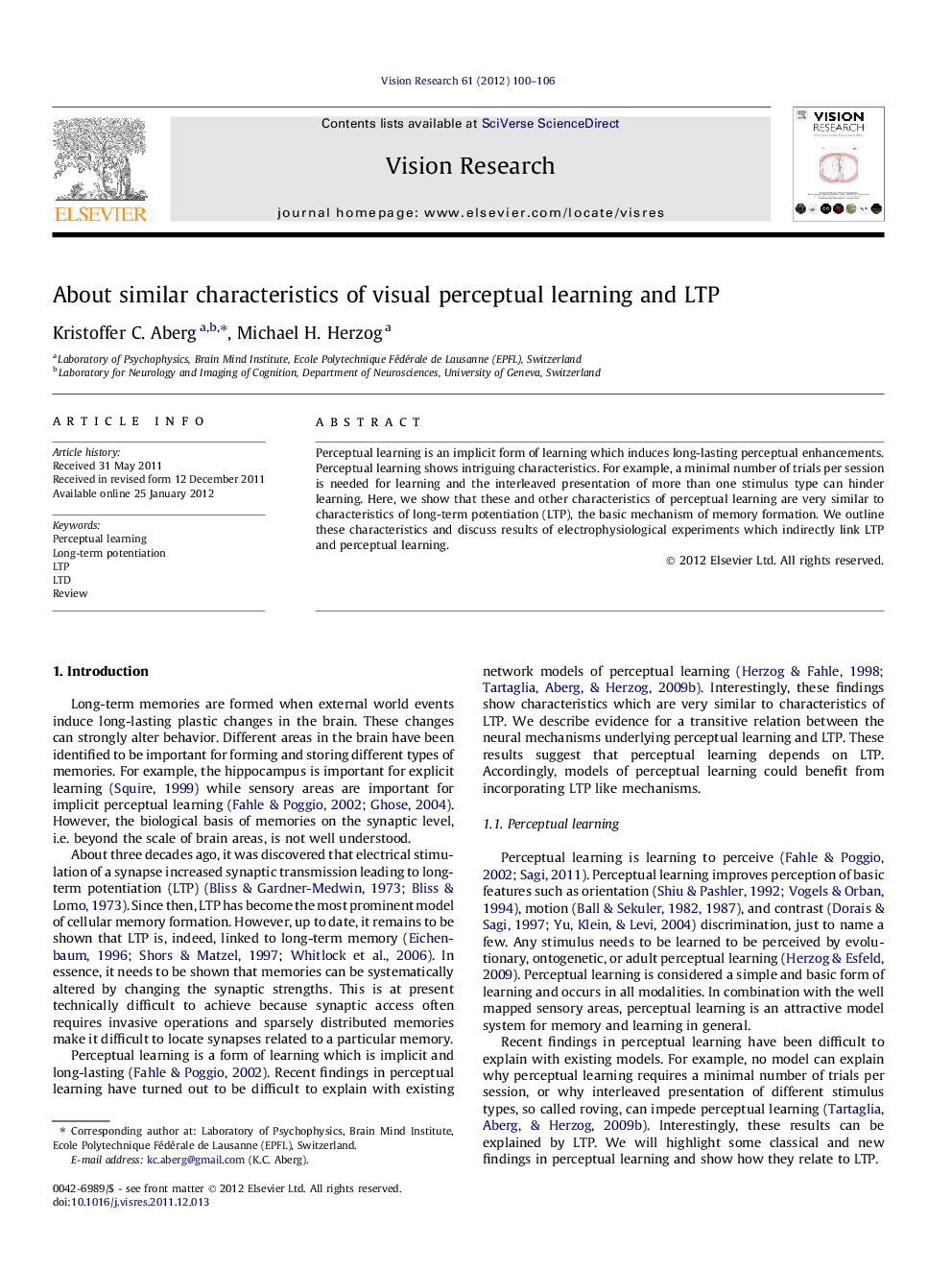 About similar characteristics of visual perceptual learning and LTP