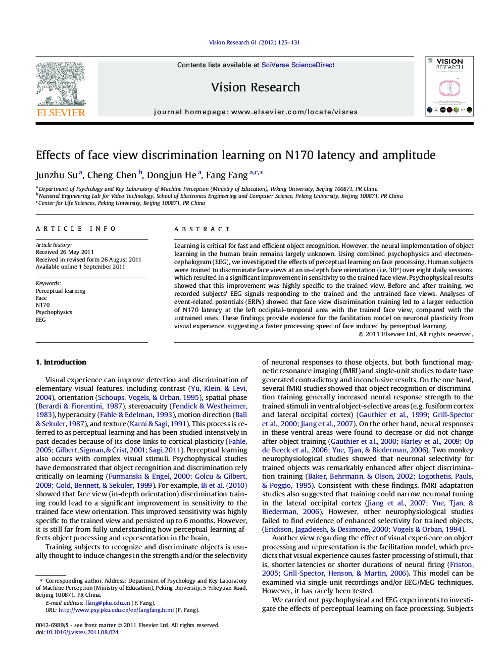 Effects of face view discrimination learning on N170 latency and amplitude