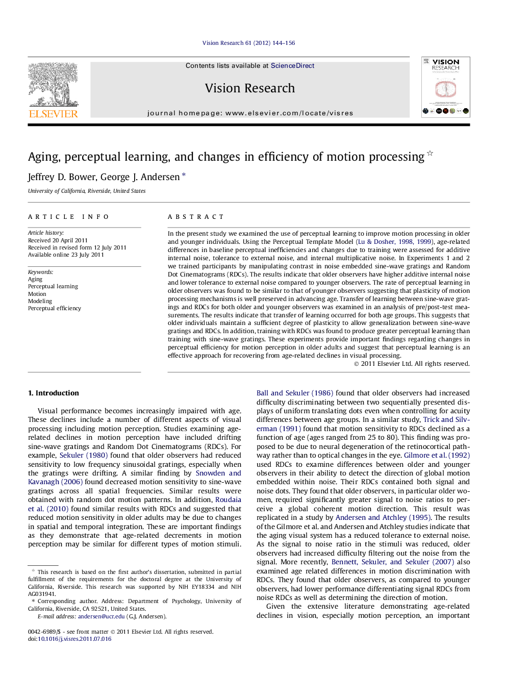 Aging, perceptual learning, and changes in efficiency of motion processing 