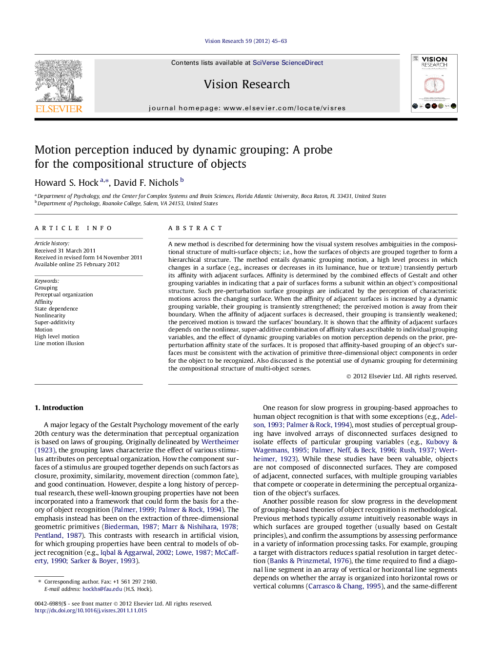 Motion perception induced by dynamic grouping: A probe for the compositional structure of objects