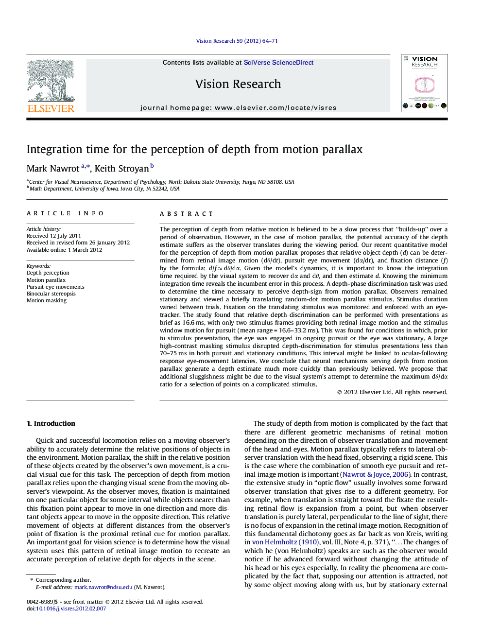 Integration time for the perception of depth from motion parallax