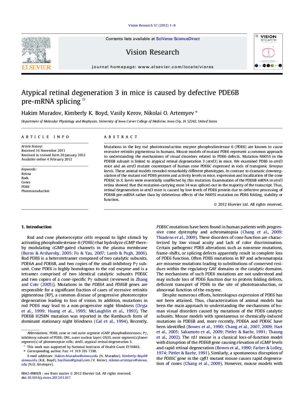 Atypical retinal degeneration 3 in mice is caused by defective PDE6B pre-mRNA splicing 