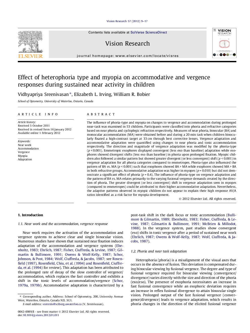 Effect of heterophoria type and myopia on accommodative and vergence responses during sustained near activity in children