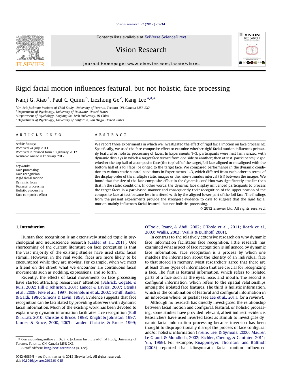 Rigid facial motion influences featural, but not holistic, face processing