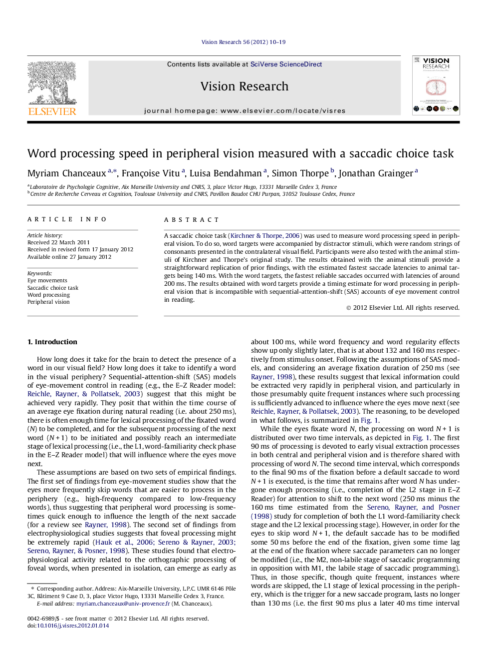 Word processing speed in peripheral vision measured with a saccadic choice task