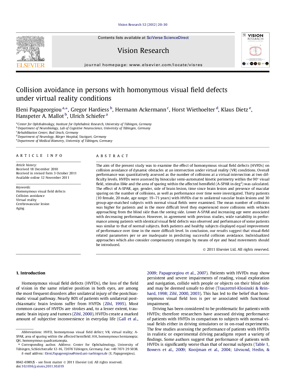 Collision avoidance in persons with homonymous visual field defects under virtual reality conditions