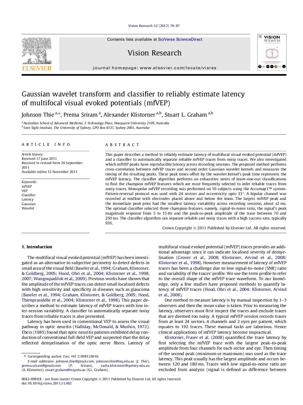 Gaussian wavelet transform and classifier to reliably estimate latency of multifocal visual evoked potentials (mfVEP)