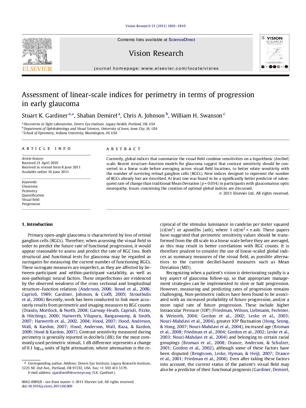 Assessment of linear-scale indices for perimetry in terms of progression in early glaucoma