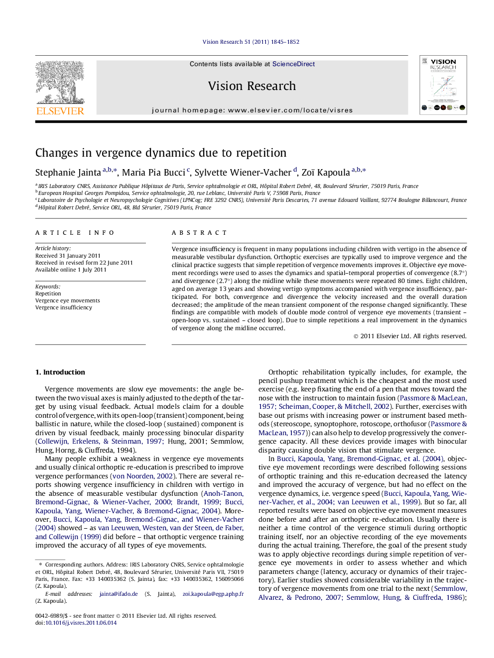 Changes in vergence dynamics due to repetition