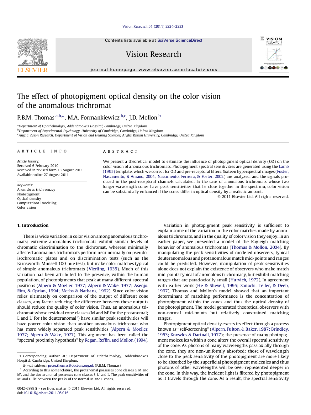 The effect of photopigment optical density on the color vision of the anomalous trichromat