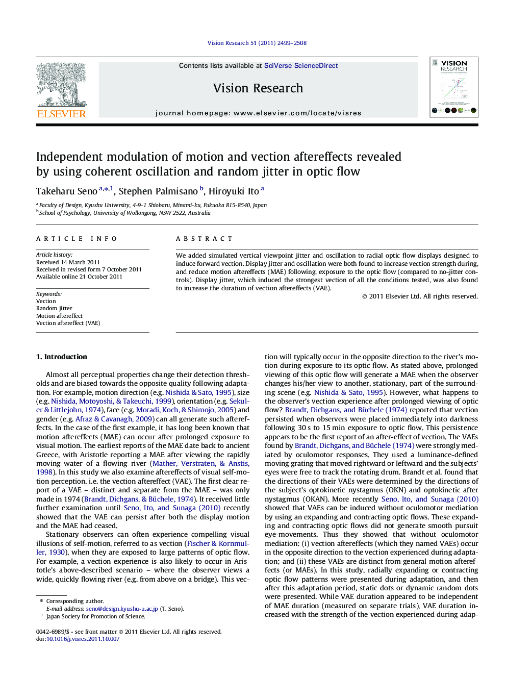 Independent modulation of motion and vection aftereffects revealed by using coherent oscillation and random jitter in optic flow