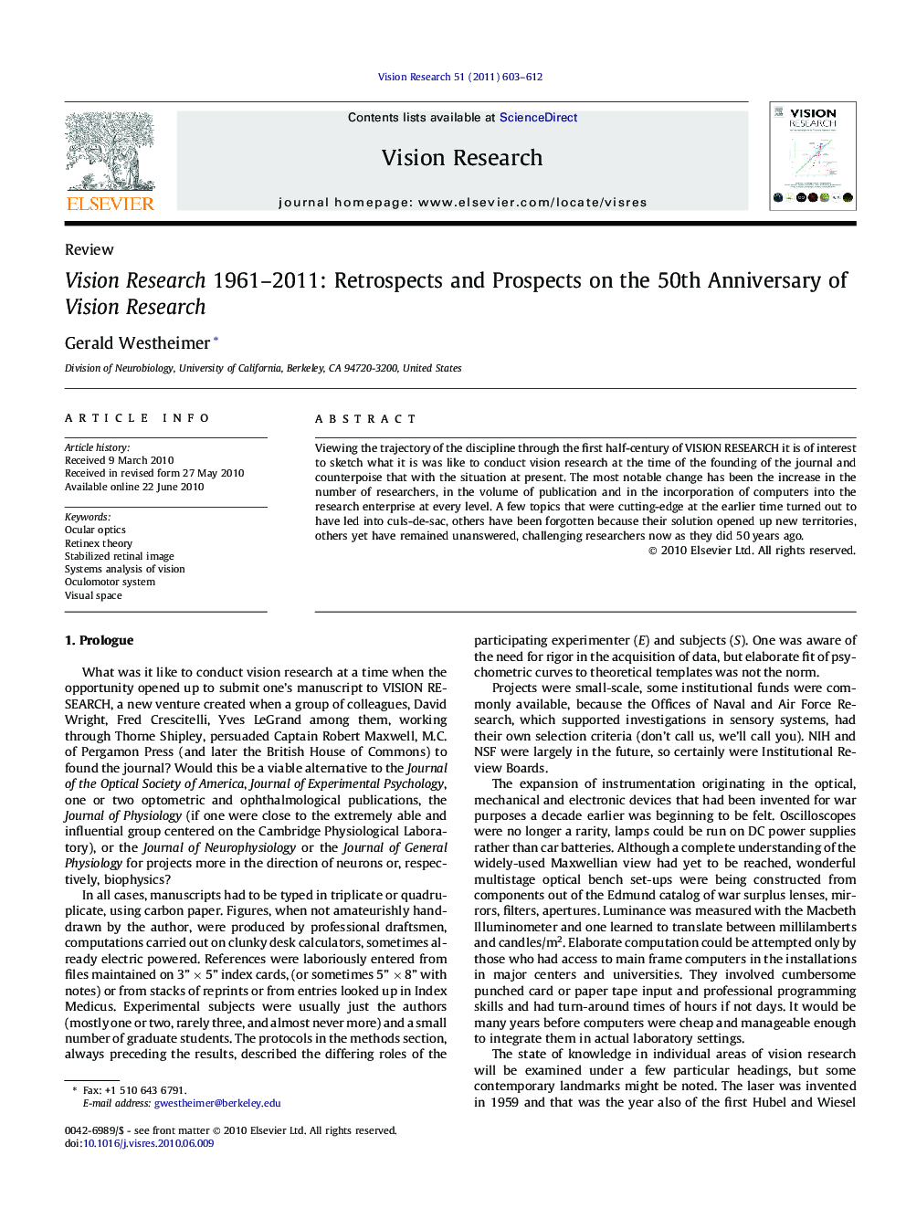 Vision Research 1961–2011: Retrospects and Prospects on the 50th Anniversary of Vision Research