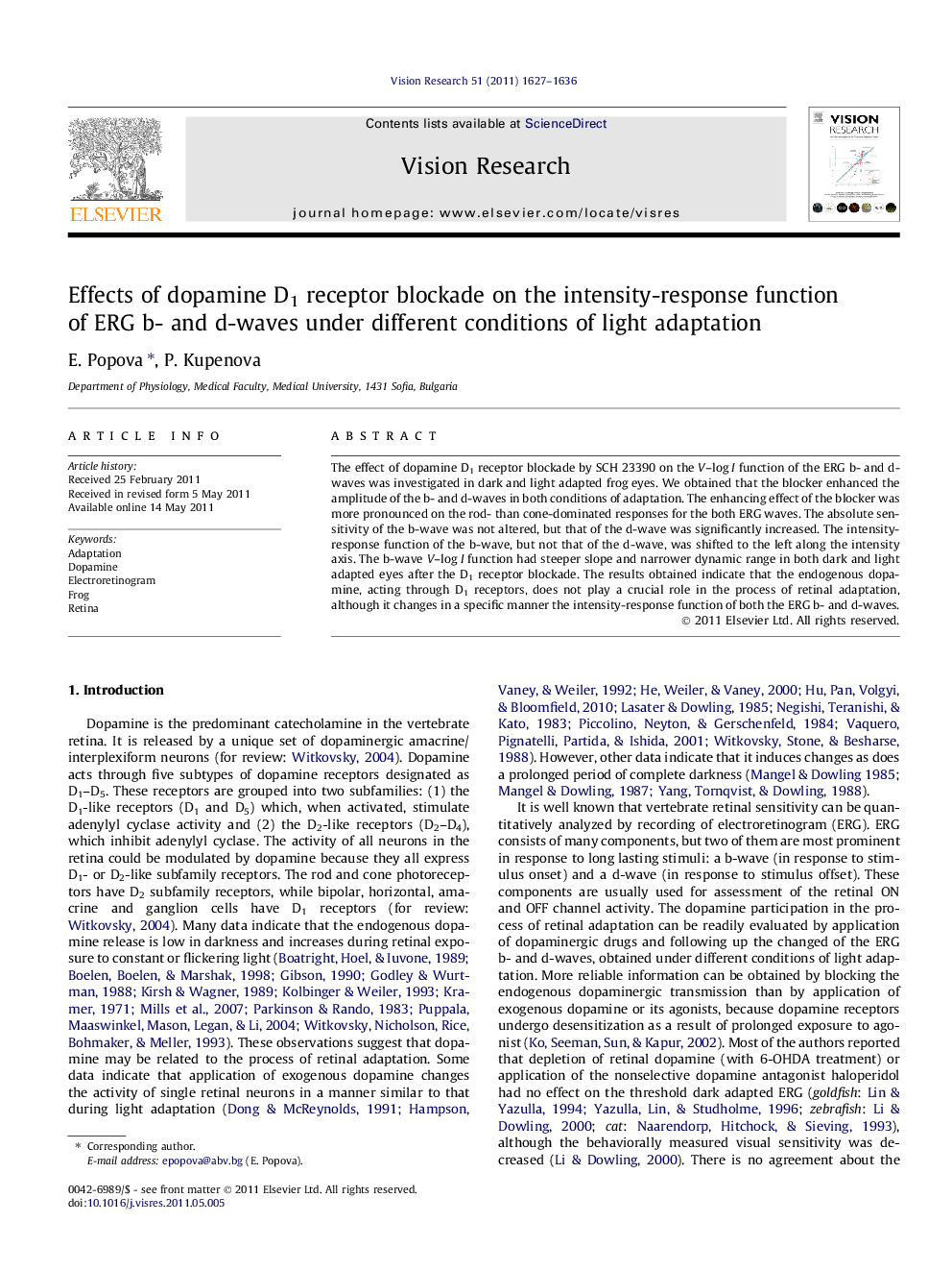 Effects of dopamine D1 receptor blockade on the intensity-response function of ERG b- and d-waves under different conditions of light adaptation